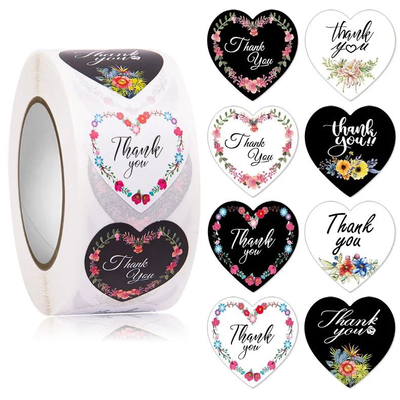High Quality Label Self Adhesive 1 inch Colorful Smile Heart Thank you Stickers 500 Roll For Seal