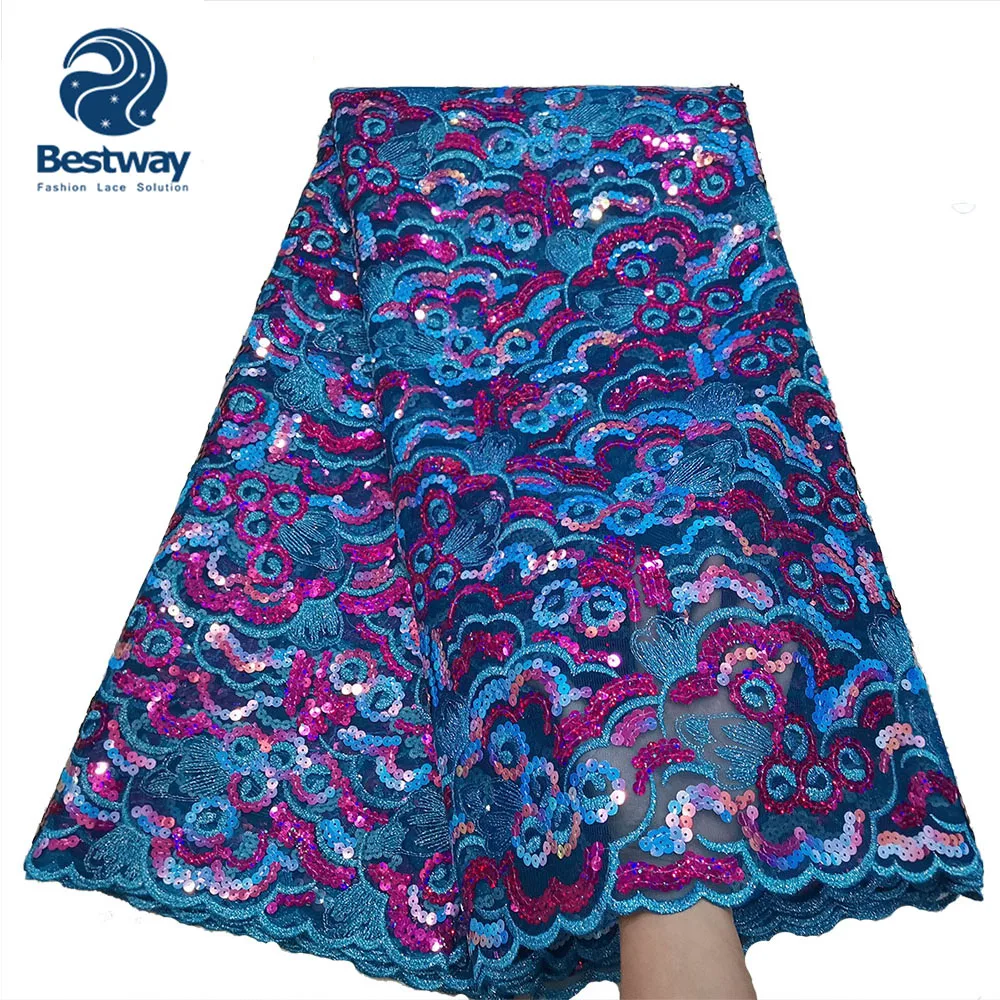 Bestway Sequined Lace Net Fabrics Nigerian Embroidered Lace Fabric for Party Dress