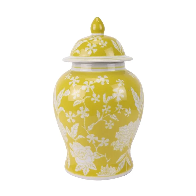 RXAE-FL24-118 Yellow color glazed white flower pattern Ceramic jar with Lid Porcelain Flower vase