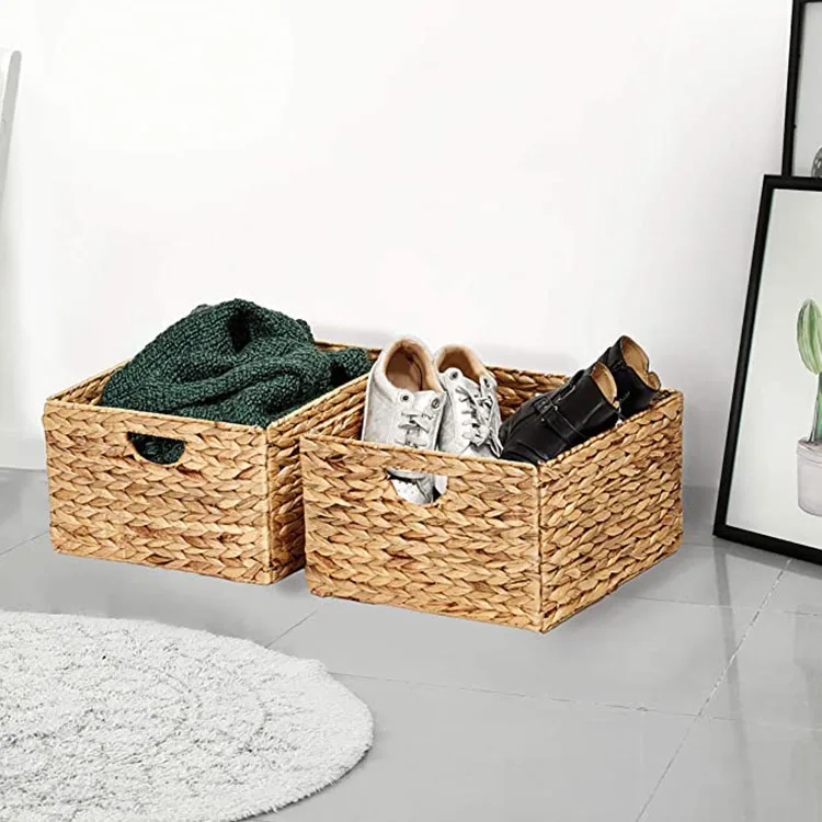 Handmade Foldable Woven Water Hyacinth Storage Basket Decorative Seagrass Wicker Shelf Basket With Handles