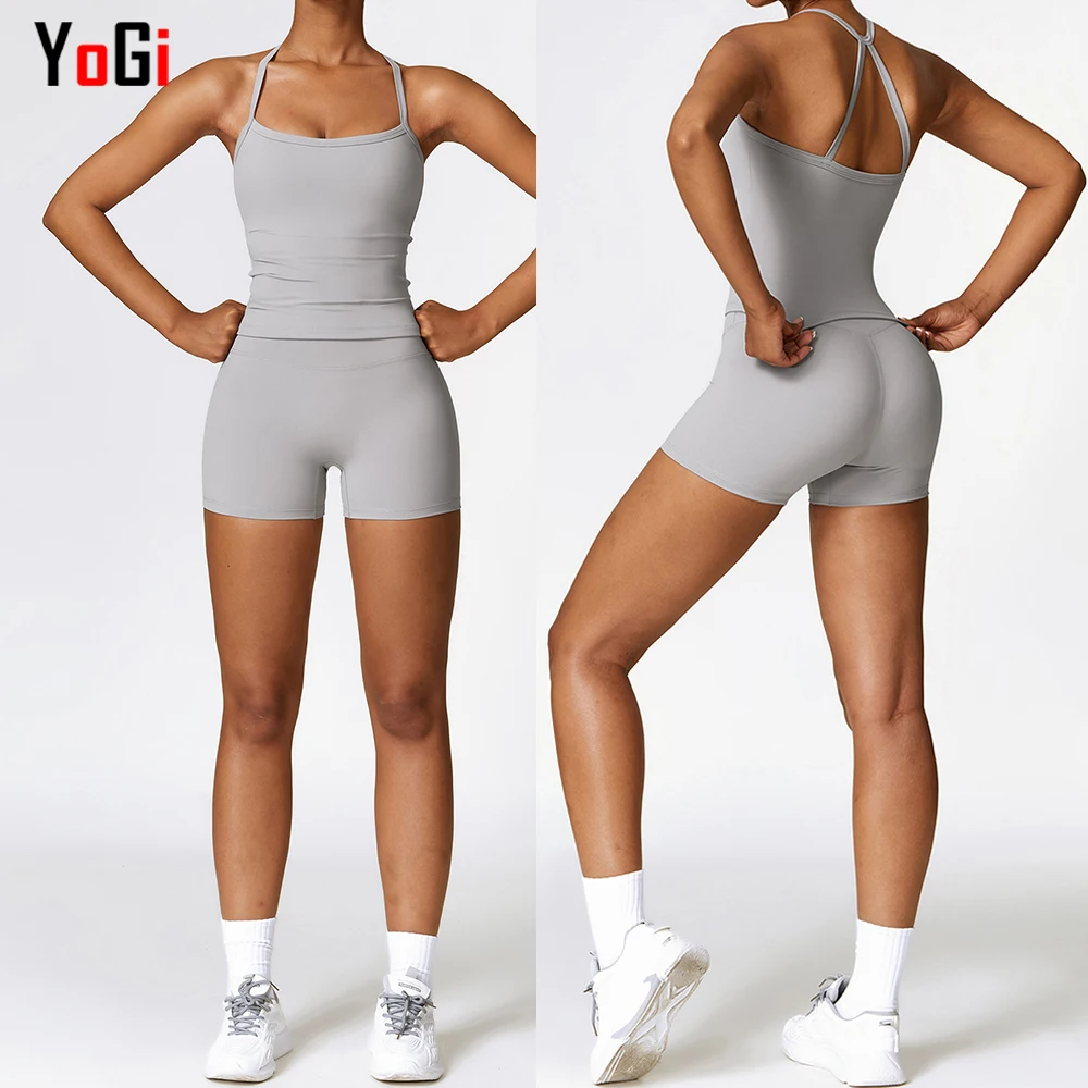 High Quality 2 Piece Women Summer Cross Neck Push Up High Waisted Shorts And Top Yoga Bra e Short Gym Fitness  Set