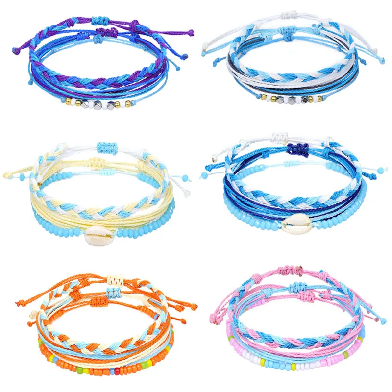 Surfer Thread  Beach Bracelets Vacation Jewelry Colorful Adjustable Waterproof String Bangle Wave Puka Bead Seed Bracelets Set