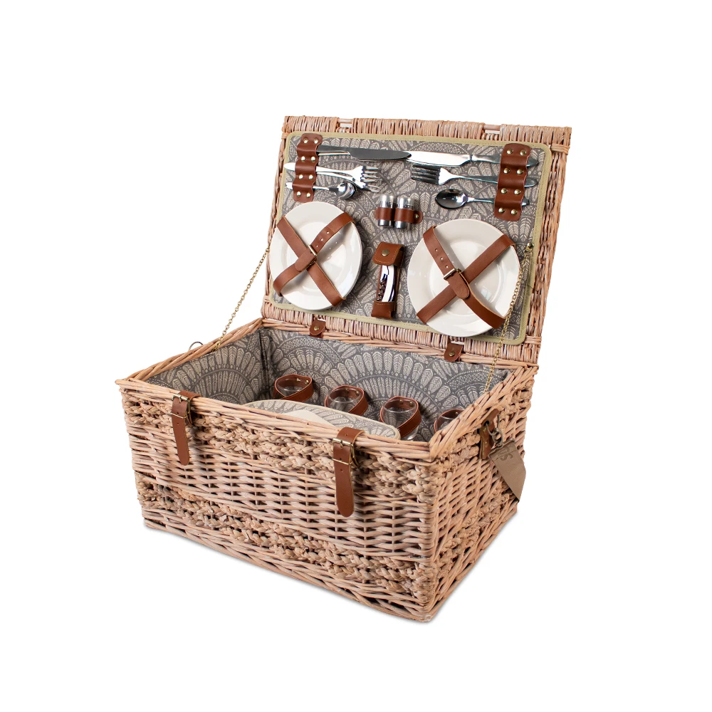 JY Rattan Picnic Basket Set with Insulated Liner and Waterproof Picnic Blanket Wine Pouch Large Wicker Picnic Hamper for Camping