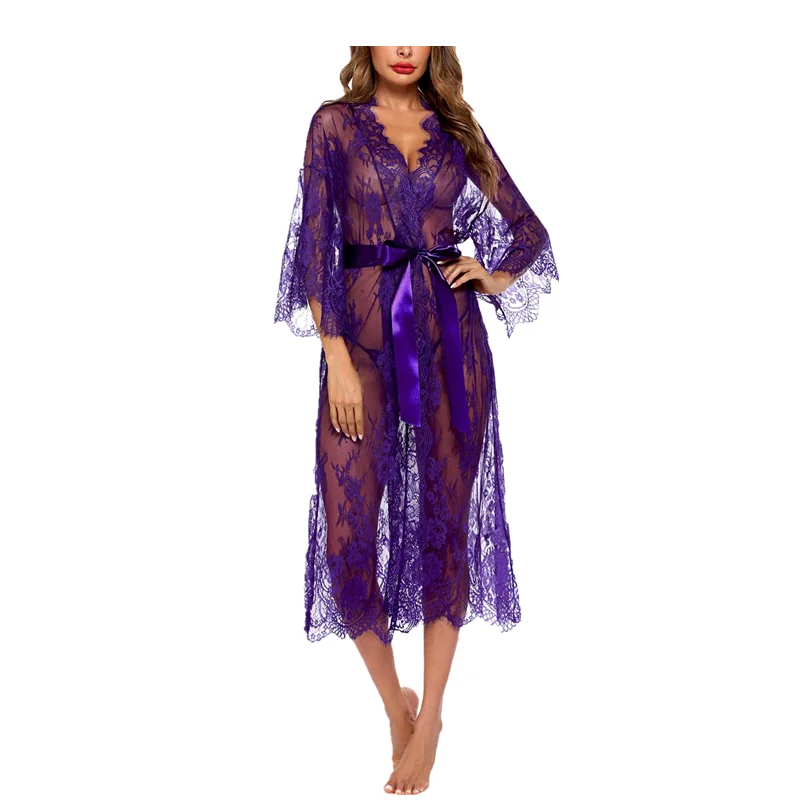 Women Sexy Long Lace Lingerie Kimono Robe Sheer Baby doll Nightgown Nightdress