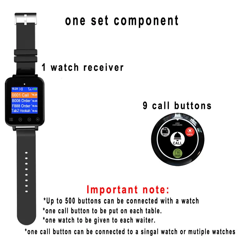 Artom waiter caller buzzer paging calling system Smart wireless wrist watch pager receiver with 9 call buttons