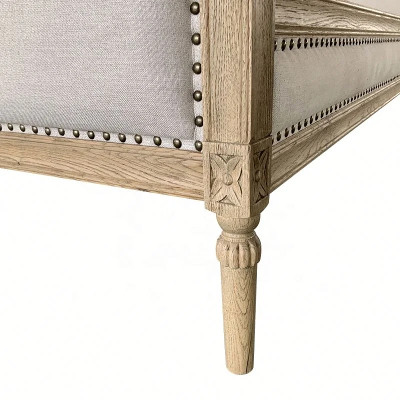 HL025 Antique Natural Wooden Nailhead Trim Frame King Size Upholstered Linen Fabric Hotel Bed with Footboard Woodcarving Legs