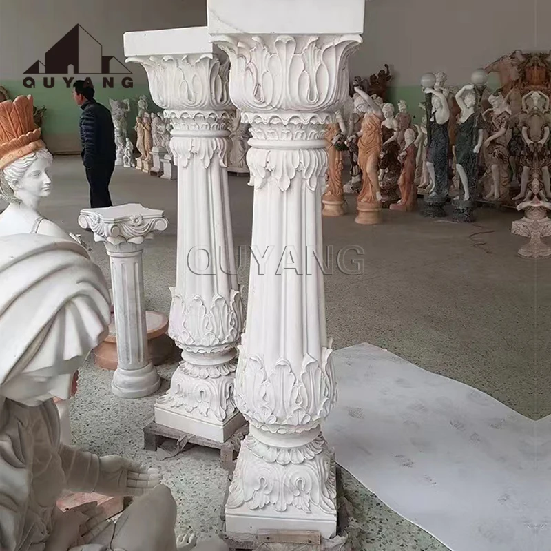 QUYANG Outdoor Park Decorative Hand Carved Natural Stone Naked Lady Statue Beige Marble Granite Gate Pillar