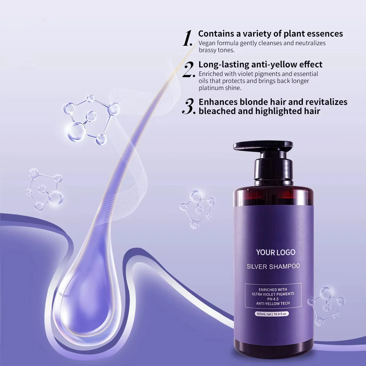 Private Label Salon Quality Blonde Hair Anti- Brassy Purple Toner No Yellow Shampoo Violet Silver Shampoo