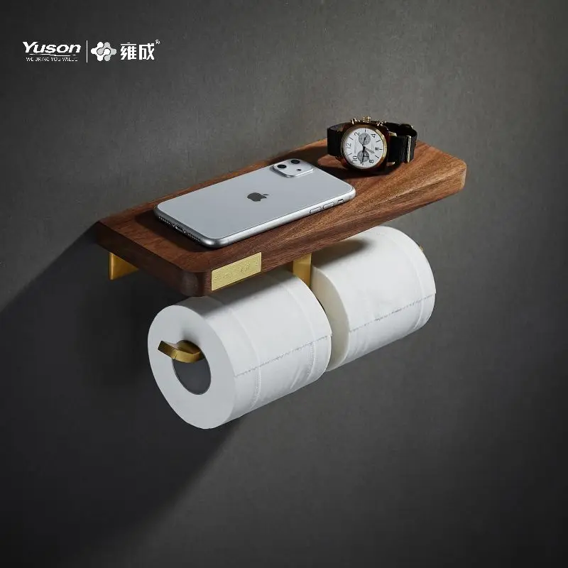 Yuson 21486DB Wooden Dual Paper Towel Toilet Paper Roll Holder Holder Wall-Mounted Tissue Paper Roll Holder With Phone Shelf