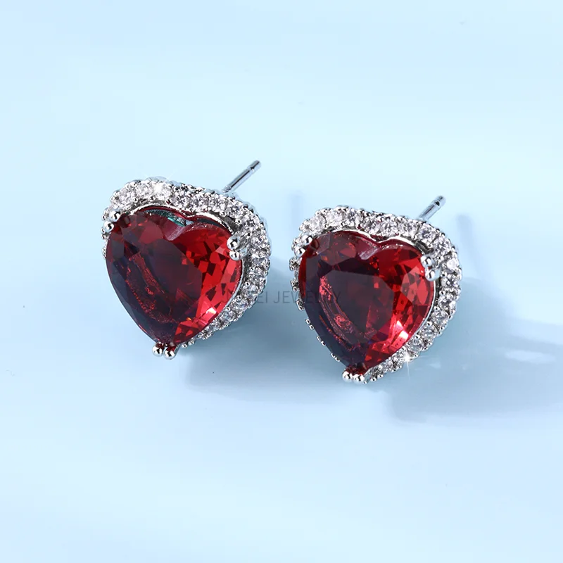 Hot Sale Red heart Shape Large Gemstones Ear Stud Silver Plated Jewelry Earrings