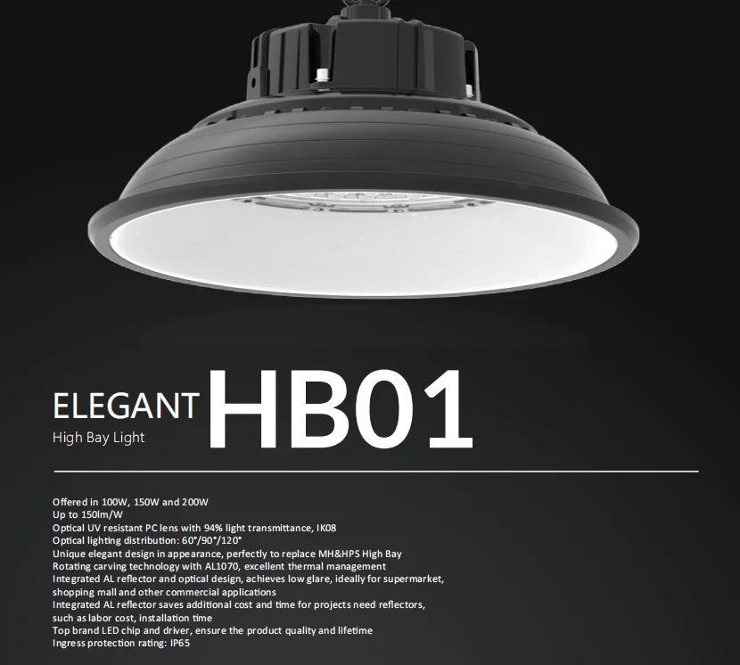 Светильник для высоких пролетов 100W 150W 200W алюминиевый IP65 IK08 LUMILEDS Meanwell 5 лет гарантии диммируемый DALI HB01 склада и завода