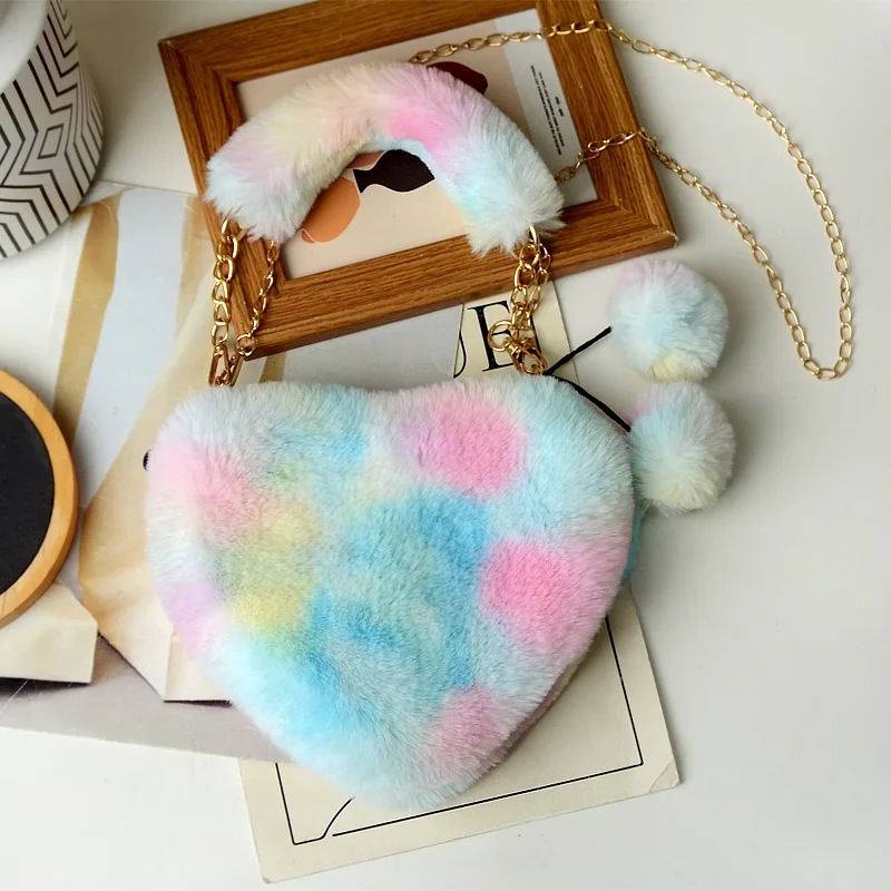 Luxury Faux Fur Heart-shaped Women Small Handbags Fluffy Plush Ladies Chain Shoulder Bag Fashion Female Furry Daily Clutch Purse