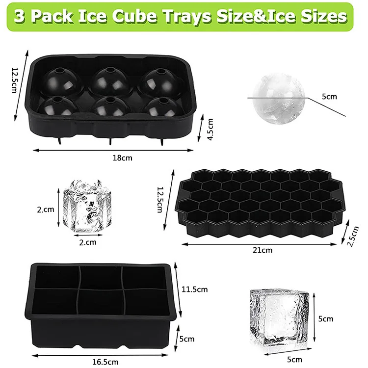 Set of 4 Silicone Ice Cube Molds For Freezer With Lid Sphere Ice Ball Large Square Diamond Cut And Hexagonal Shapes Ice Maker