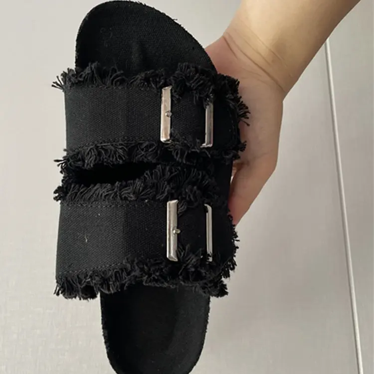 European Casual Double Buckle Tassel Clogs Slides Women Sandals Canvas Summer Cork Birken Slippers