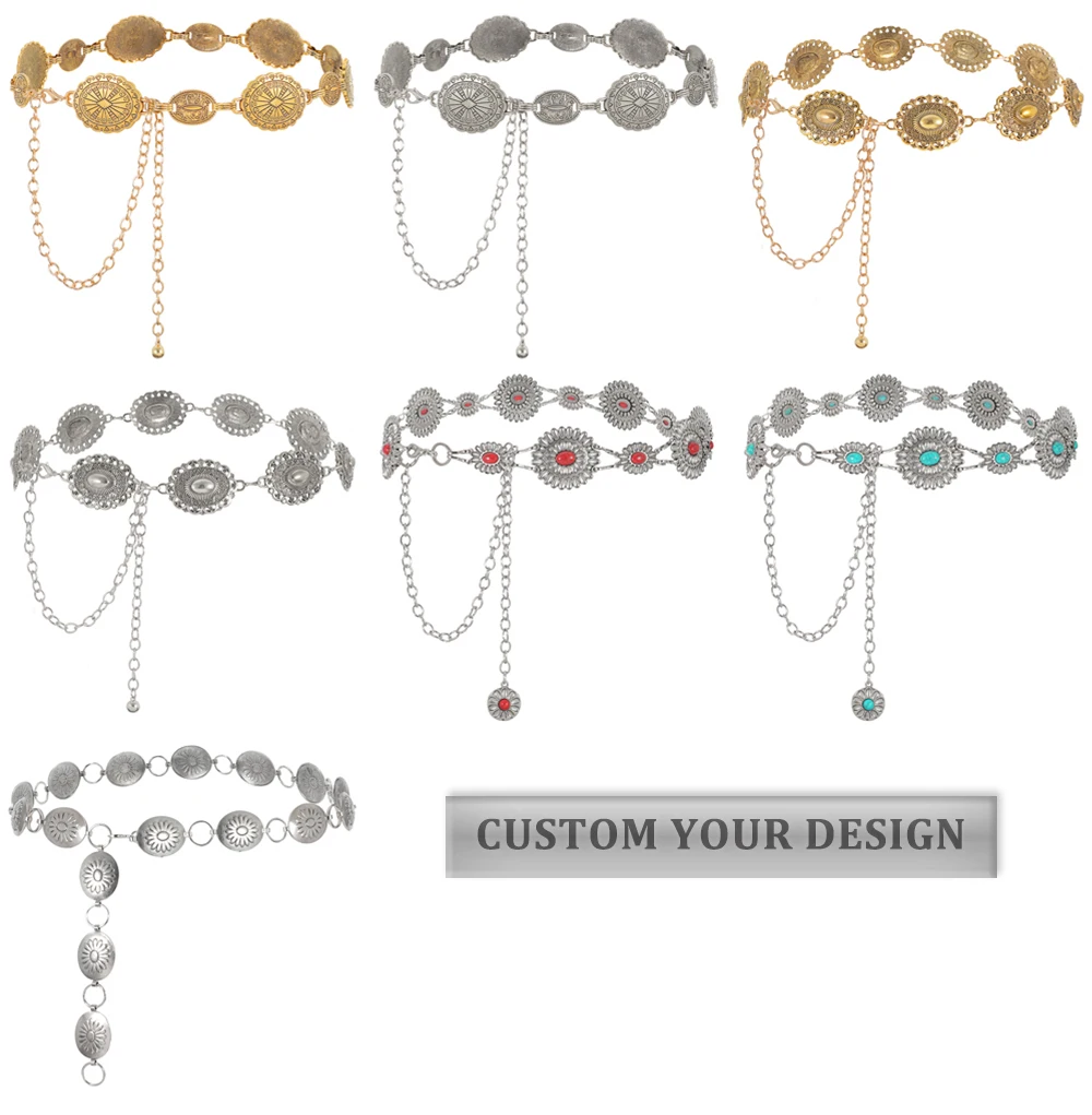 Wholesale Price Lady Decor Chain Belt OEM Textured Pattern Cowboy Cowgirl Western Metal Chain Belt