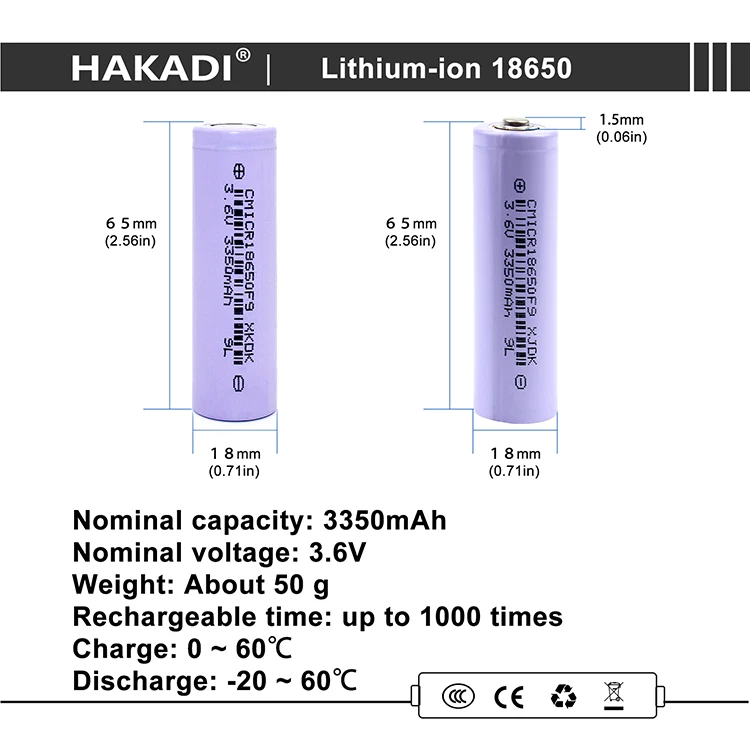 HAKADI 3.7V 3350mah 18650 Lithium-ion Battery Cylindrical Rechargeable Wholesale Electric Bicycles/Scooters USA