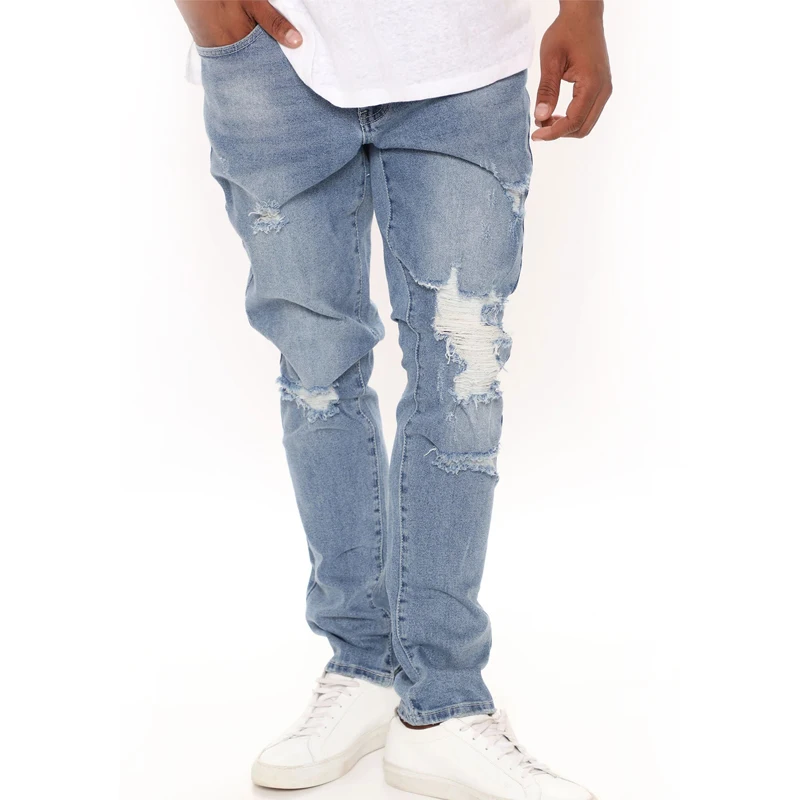 Custom Blue Washed Mens Straight Jeans High Quality Trouser Jeans Mens Casual Distressed Slim Jeans