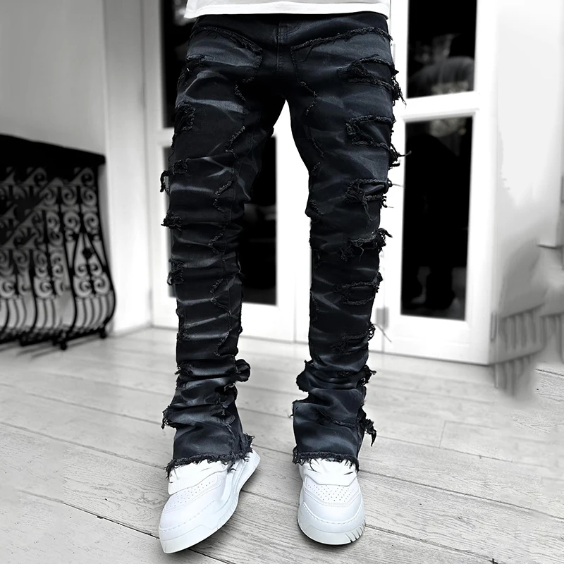 YSJY custom streetwear pant men cargo trousers acid wash distressed flared stacked baggy joggers for men