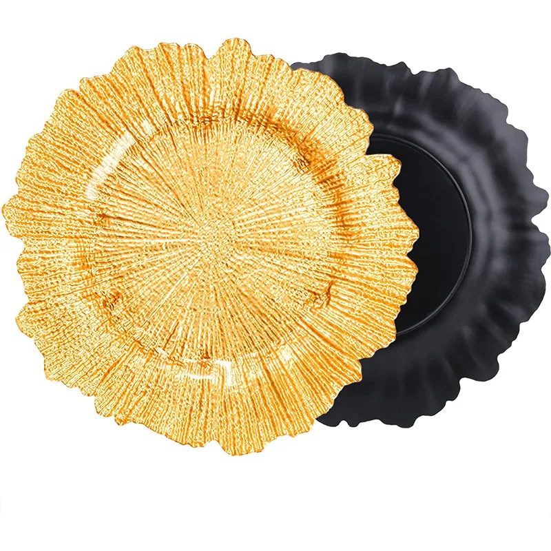 Plastic Reef Charger Plates Glossy 13' Charger Plates Floral Rim Luxury Charger Plates Gold for Wedding Decoration