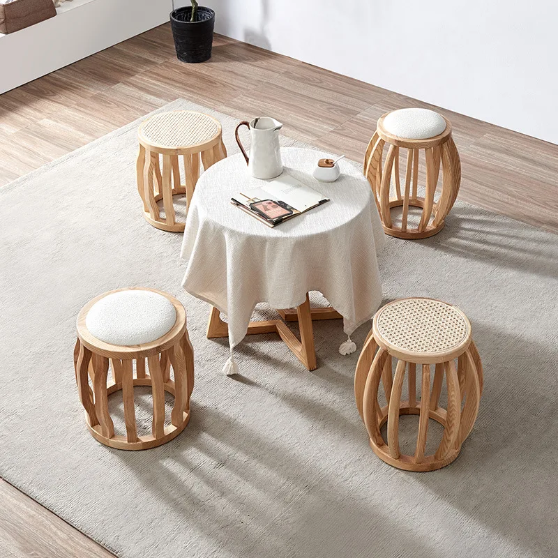 Nordic natural color round stool modern tea stool creative rattan small round stool