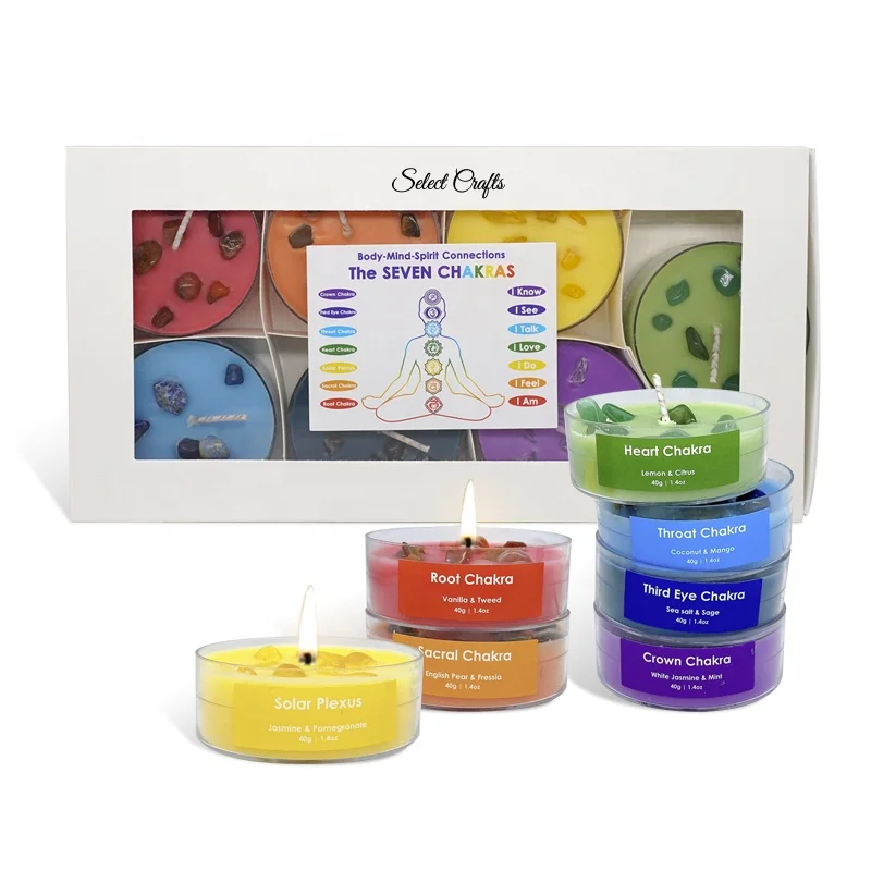 Energy Wholesale Custom Home Decor Aroma Yoga Meditation Chakra Gift Set Soy Wax Crystal 7 Pieces Scented Candle