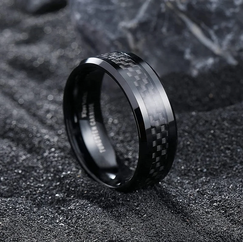 Coolstyle Men Jewelry 8mm Engagement Wedding Band Inlay Beveled Edges Comfort Fit Tungsten Carbide Ring Carbon Fiber Black Ring
