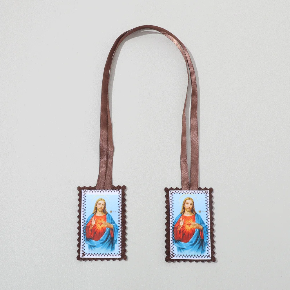 Customized handmade fabric scapula religious saint figure pattern brown rope double pendant scapula medallion jewelry