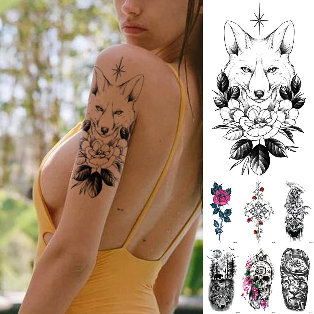 Wholesale Body Art 3D Small Waterproof Temporary Tattoo Sticker Lion Crown King Rose Wild Men Women Decoration