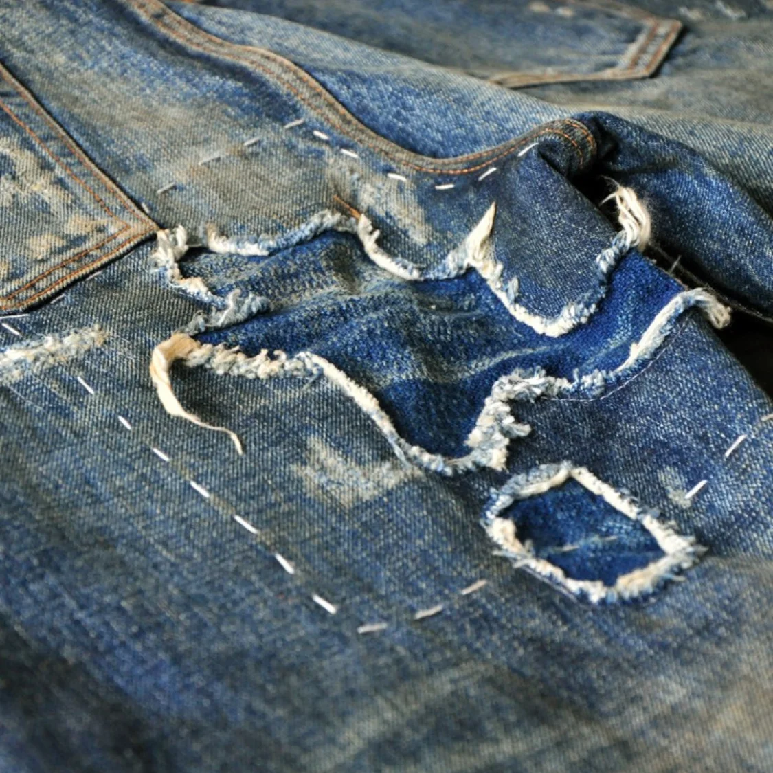 SENSE Customized High Quality Repaired Heavy Distressing  Selvedge Washed Men Denim Jeans