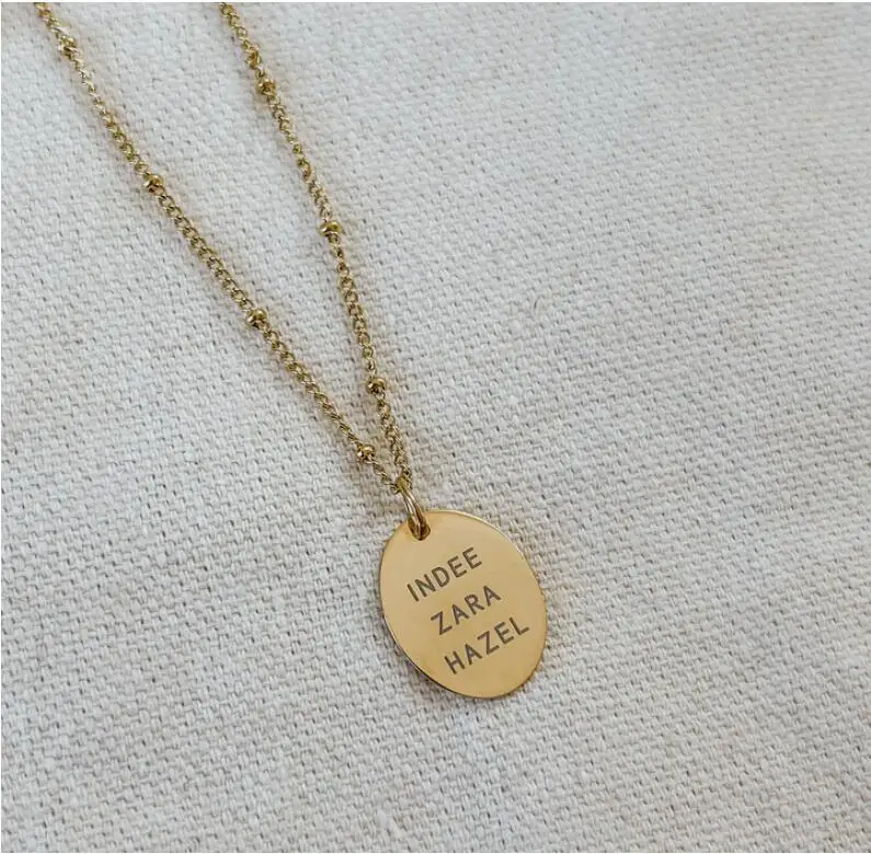 Stainless steel No Fade Bobble Chain Satellite Ball Link Chain Engraved Initial Letter Name Oval Pendant Necklace