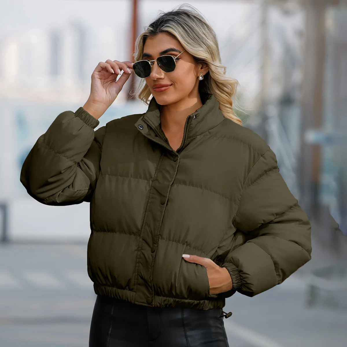 Button Cropped Puffer Jacket Adjustable Bottom Women Bubble Coat Leisure Short Cotton Padded Jacket