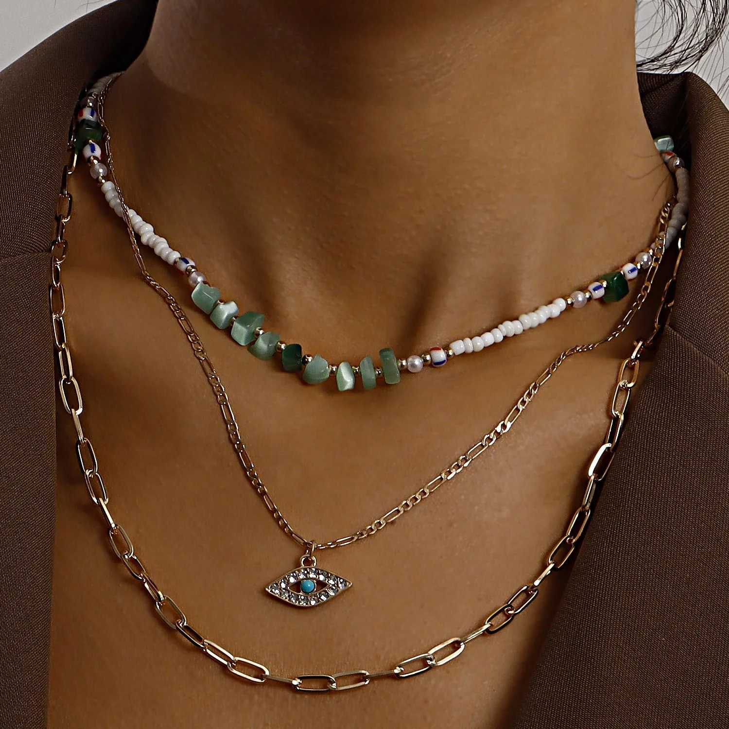 Hot Selling Multi-layer Necklace Rice Beads Turquois Choker Rhinestone Turkish Eyes Pendant Necklace Women Fashion Jewelry