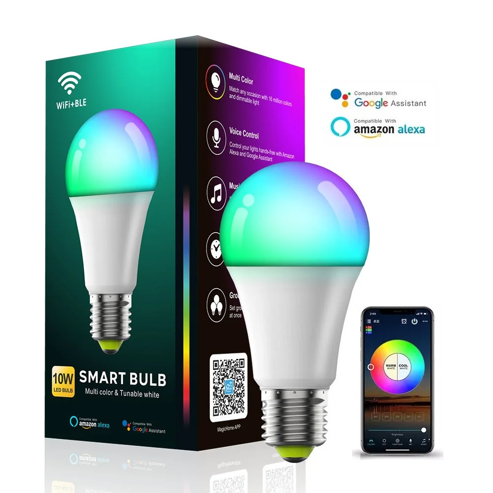 Умная лампа с Wi-Fi, 9 Вт, 10 Вт, с поддержкой Amazon Alexa и Google Home, с голосовым управлением и регулировкой яркости RGBCW E27 E26
