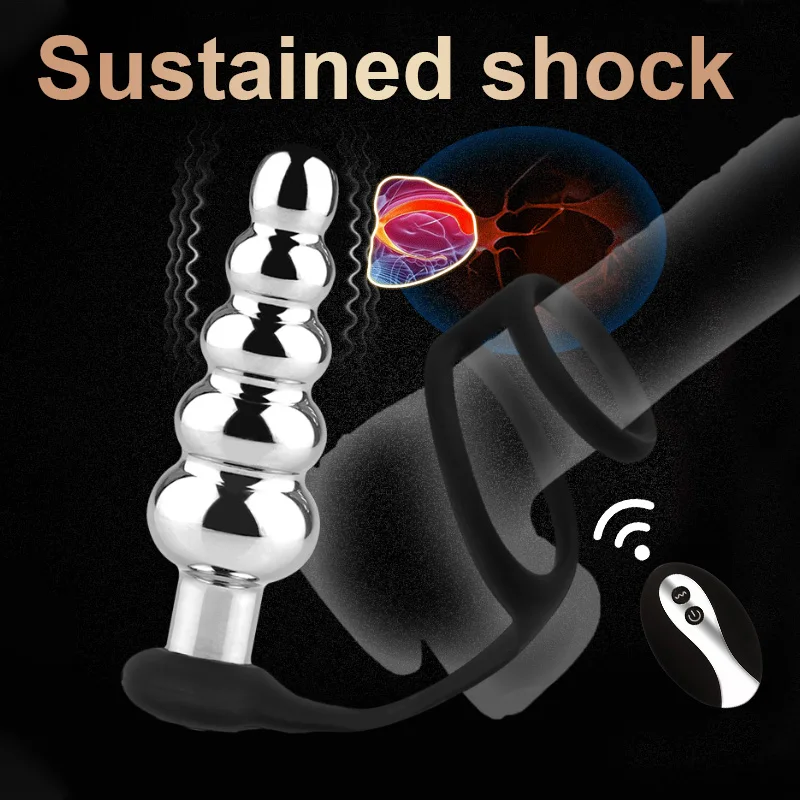 Sexbay High quality ten frequency vibrating metal five head silicone lock ring vibrating remote metal anal plug men women
