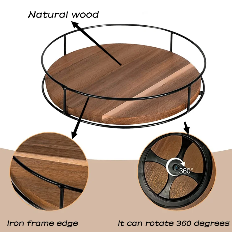 Hot Sale Circular Rotatable 360 Degrees Kitchen Distressed Small Wood Tray Wood Serving Tray