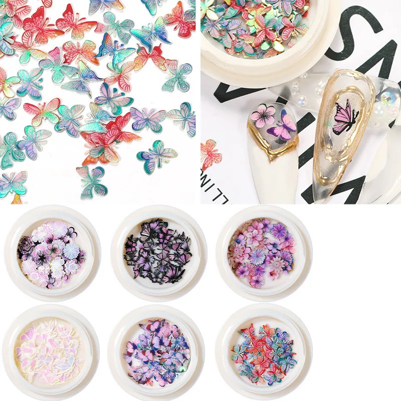 6 Designs Nail Art Sticker Aurora Laser Butterfly Nail Wood Pulp Chips