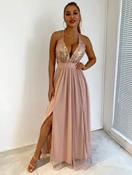 2022 New Product Sexy Modest Wedding Mother Of The Bride Dresses women Sexy Mesh Sequined Slit Slip Casual Dress For Wholesale