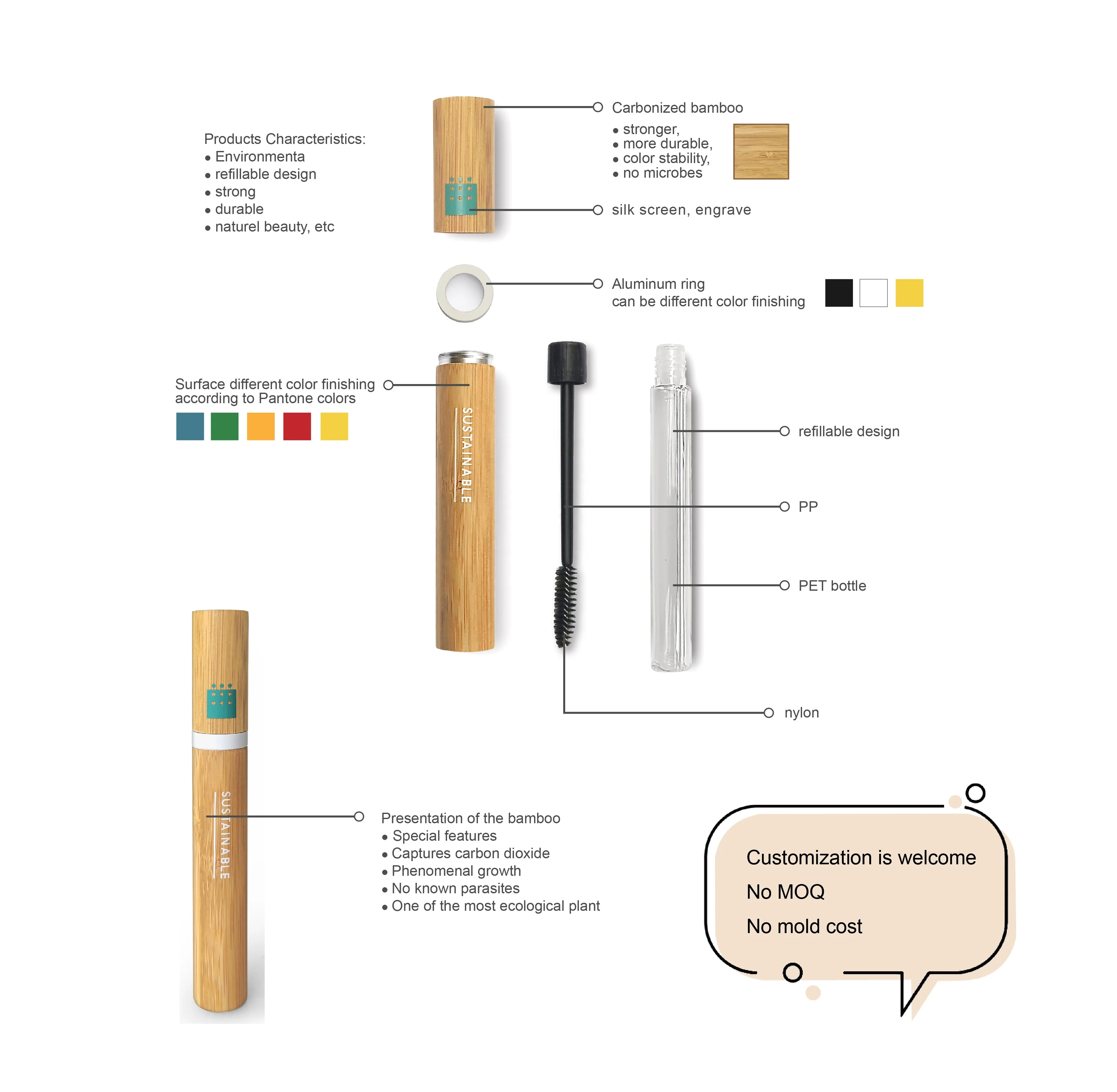 Бамбуковая Косметическая туба под заказ, упаковка для бамбуковой многоразовой туши для туши