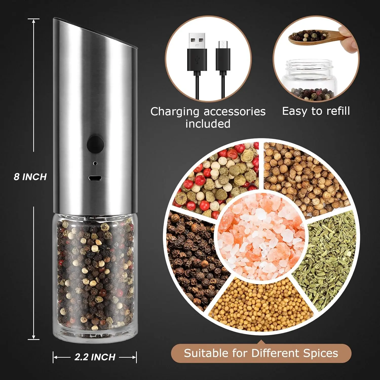 CE Rohs Rechargeable USB Ceramic Burr Spice Mill Gravity Salt and Pepper with LED light