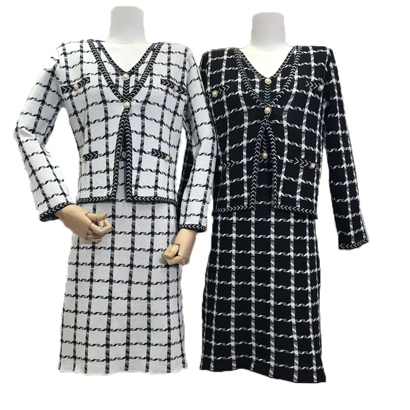 Plus Size Sets Fall Long Sleeve Plaid Short Knit Top And Two Piece Skirt Set Women