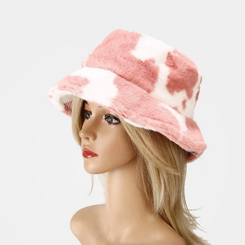 Designer fisherman hats fuzzy fur custom wholesale blank winter faux fur luxury embroidery logo satin cow bucket hats  for women