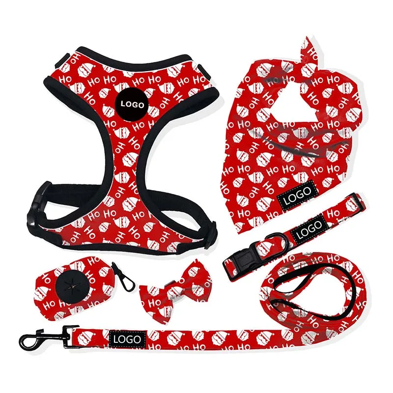 Maximum Air Circulation Adjustable Neoprene Dog Harness Collar Leash Poop Bag Safety Style for Puppy Halloween Christmas Pattern