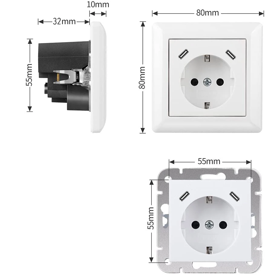 250V 16A Schuko Socket with system 55 Complete Set USB Charger  Connection Shutter Touch Protection Easy Installation
