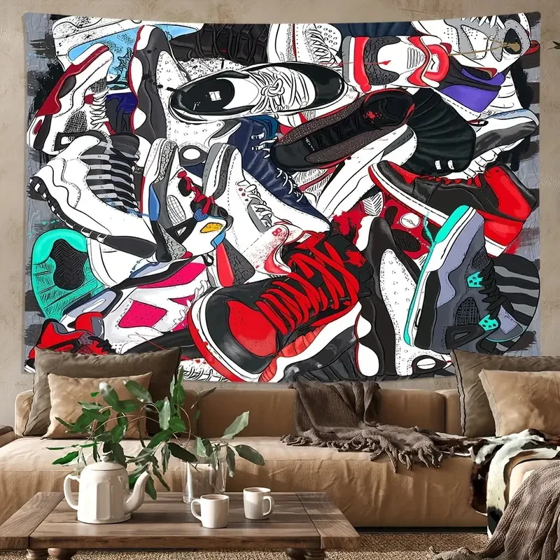 Basketball Shoes Print Tapestry, Peach Skin Velvet Wall Hanging Tapestry, Room Decor Aesthetic for Living Room Bedroom Dorm Room