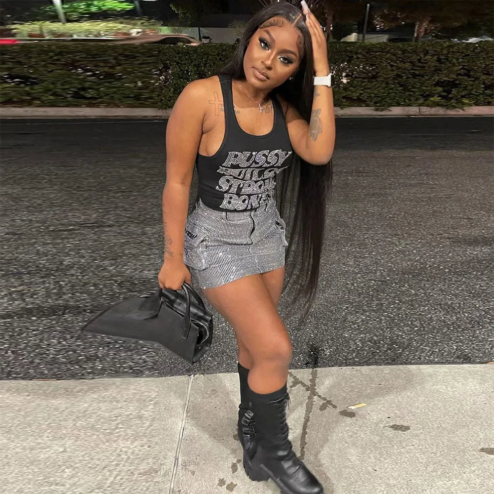 Woman Clothing Fashion Pussy Builds Strong Bones New Vest Hot Drill Tank Top U Neck Sleeveless Street Sexy Skinny Plain Top