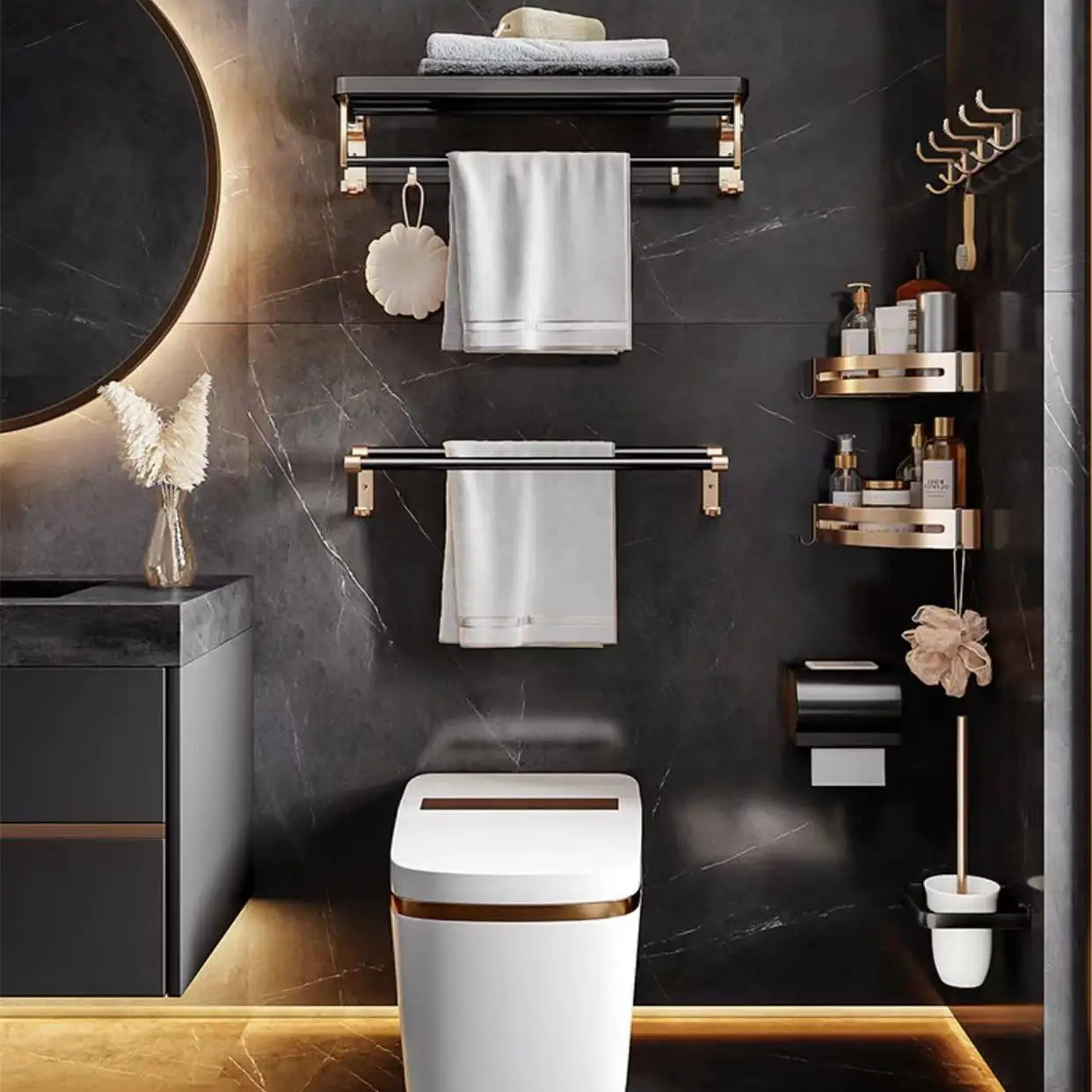 Wholesale Bathroom Accessories Black Gold Towel Rack Set Thickened Towel Rack Shelf Bathroom Pendant