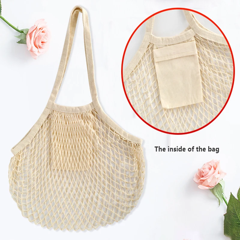 Produce Eco Biodegradabl Organic Cotton Mesh Basket  Reusable long handle  Mesh bag with logo Grocery Shopping Tote Mesh Net Bag