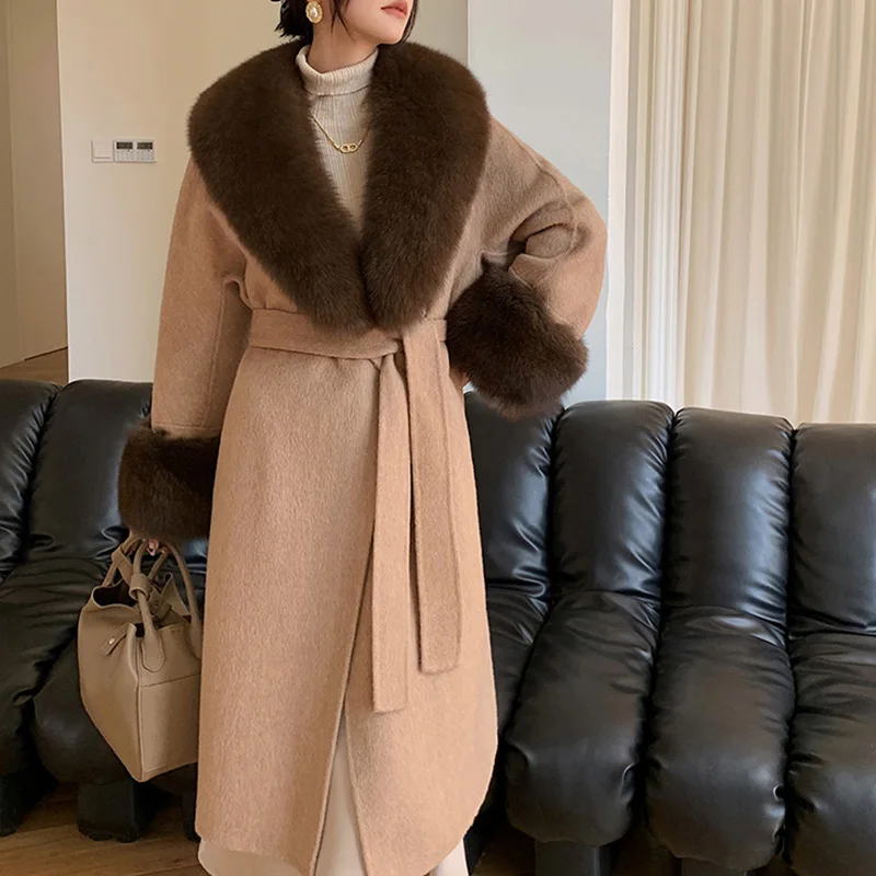 New Design Fox Fur Collar Cuffs Winter Coats Real Alpaca Wool Cashmere Long Coat for Women