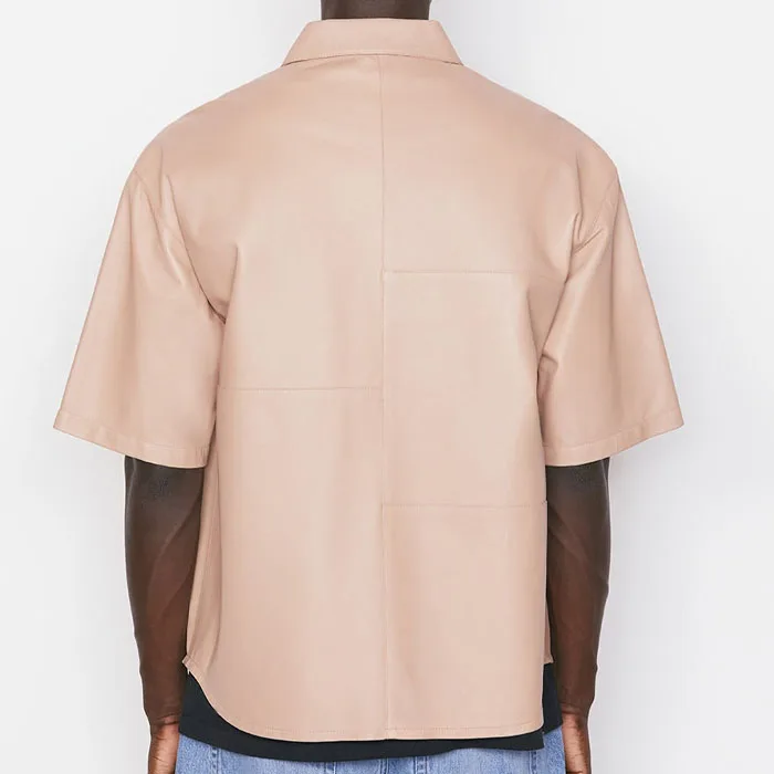 OEM short sleeve drop shoulder double chest pockets zip up plain faux leather shirt hip hop men cowboys plus size workout shirts