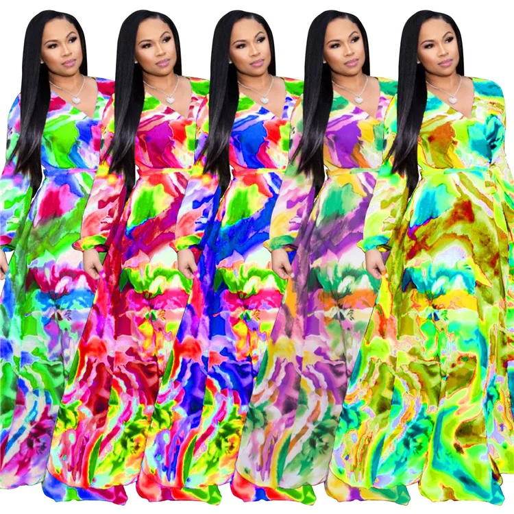
LF-44 African Clothing Floral Printed Maxi Dress Long Sleeve Womens Plus Size Dress Fashion Summer Dresses Women Casualfu 